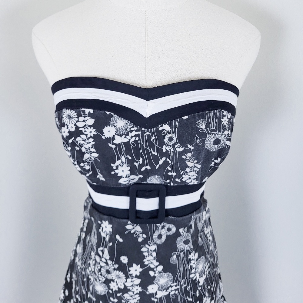 Y2K Floral Mini Strapless Babydoll Dress Petticoat Formal Size Small Black White - Picture 5 of 16